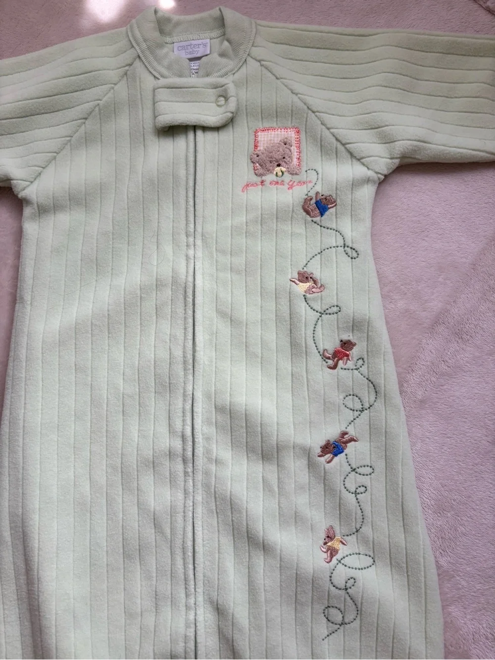 Vtg Carter's Just One Year Teddy Bear Sleep Sack Fleece Green NWOT vintage